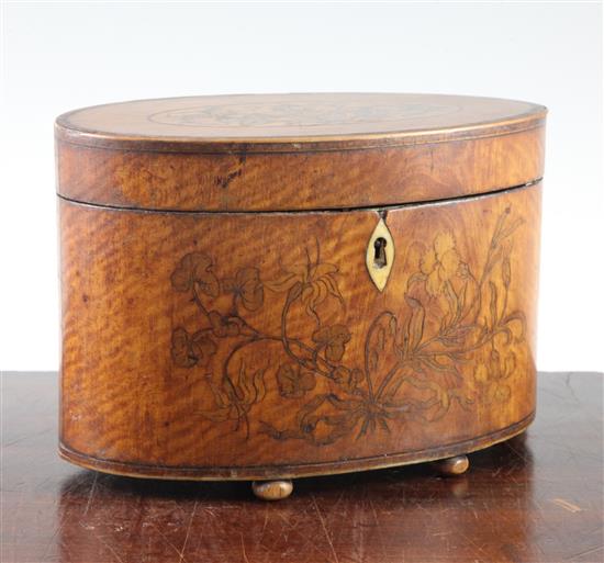 A George III marquetry inlaid satinwood tea caddy, 8in.